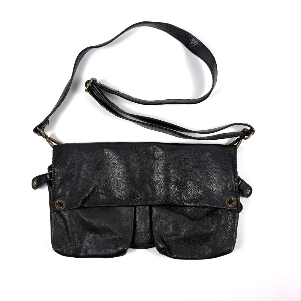 Y2K Pulicati Double Cargo Pocket Foldover Crossbody Bag Purse Black Leather Mili